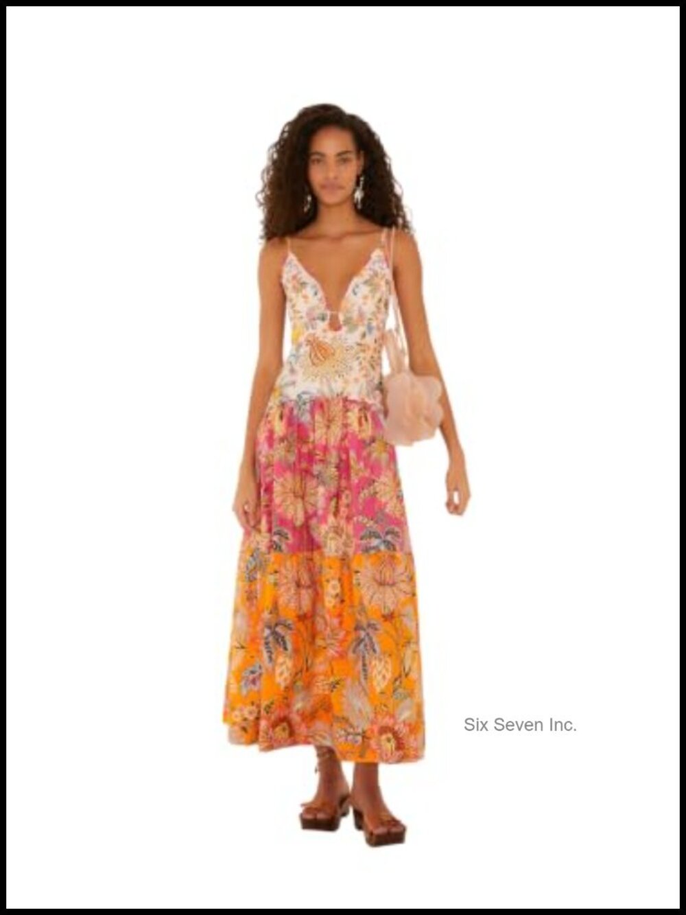 Floral Organic Cotton Maxi Dress with V Neckline and Scalloped Details
